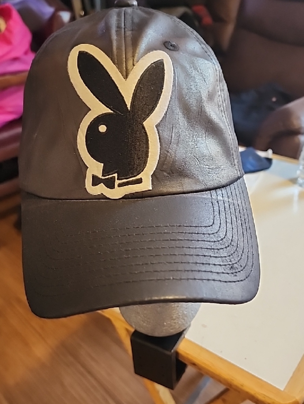 PLAYBOY Black Faux Leather Baseball Cap with White-Outlined Bunny